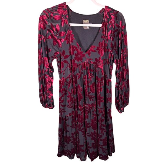 Taylor Sz 4 Floral Burnout Velvet Dress Tiered Black & Burgundy Oversized Goth - Picture 1 of 12